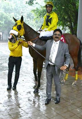 Trainer Anant Vatsalya leading in Imperia (P Ajeeth Kumar), winner of Royal Revive Plate at Hyderabad on Monday.