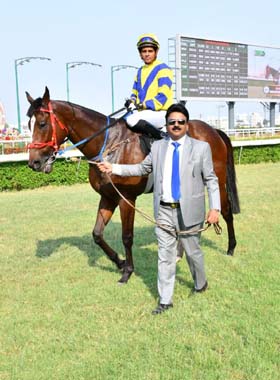 Trainer Ananth Vatsalya leading in Bairava (Aashad Asbar up), winner of  Republic Plate at Hyderabad on Monday.