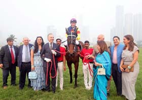 Fynbos (Tom Marquand up), winner of Indian Derby at Mumbai on Sunday being led in by the winning connections.