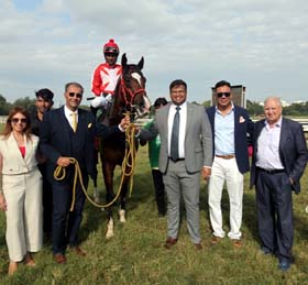 Simone Poonawalla, trainer Dallas Todywalla and Zavaray Poonawalla leading in Giacomo (Sandesh up), winner of General Rajendrasinhji Million at Pune on Sunday.