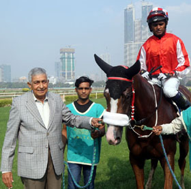 Trainer Imtiaz Sait leading in Christophany (Akshay Kumar up), winner of Welcome Trophy at Mumbai on Thursday.