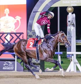 Jose Ortiz celebrates as Steve Asmussen-trained Magnitude wins the 30th Dubai World Cup. Photos: Dubai Racing Club/Liesl King