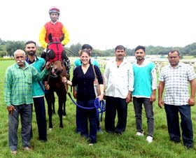 Trainer Nazak Chenoy lading in Liam (Trevor Patel up), winner of Janardhan Salver at Pune on Saturday.