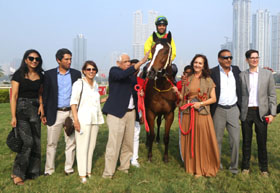 Mr & Mrs Vijay Shirke, Mrs Liane Luthria and Milan Luthria leading in Psychic Star (Vivek G up) after the filly won the Indian Oaks at Mumbai on Sunday. Photo credit Amit Gupta