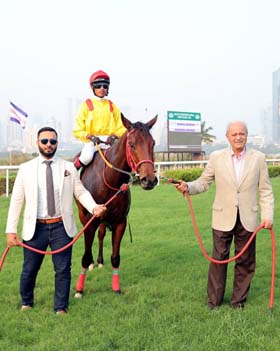 Trainer Shazaan Shah and Jaydev M Mody leading in Credence (Ramswarup up), winner of Royal Calcutta Turf Club Trophy at Mumbai on Thursday.