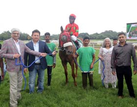 Thalassa (Adiya Waydande up) being led in by trainer Faisal Abbas and the winning connections at Pune on Friday.